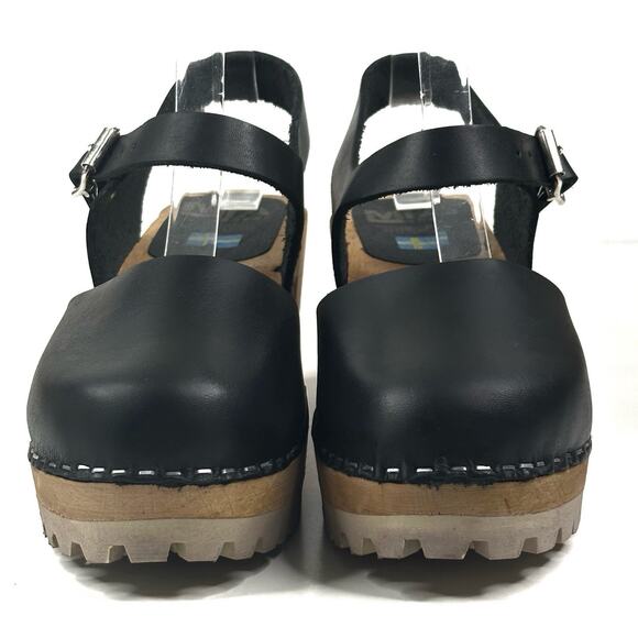 MIA Abba Swedish Wooden Clogs Black Leather Ankle Strap Size EU39 US8.5 New $120 - Picture 3 of 10